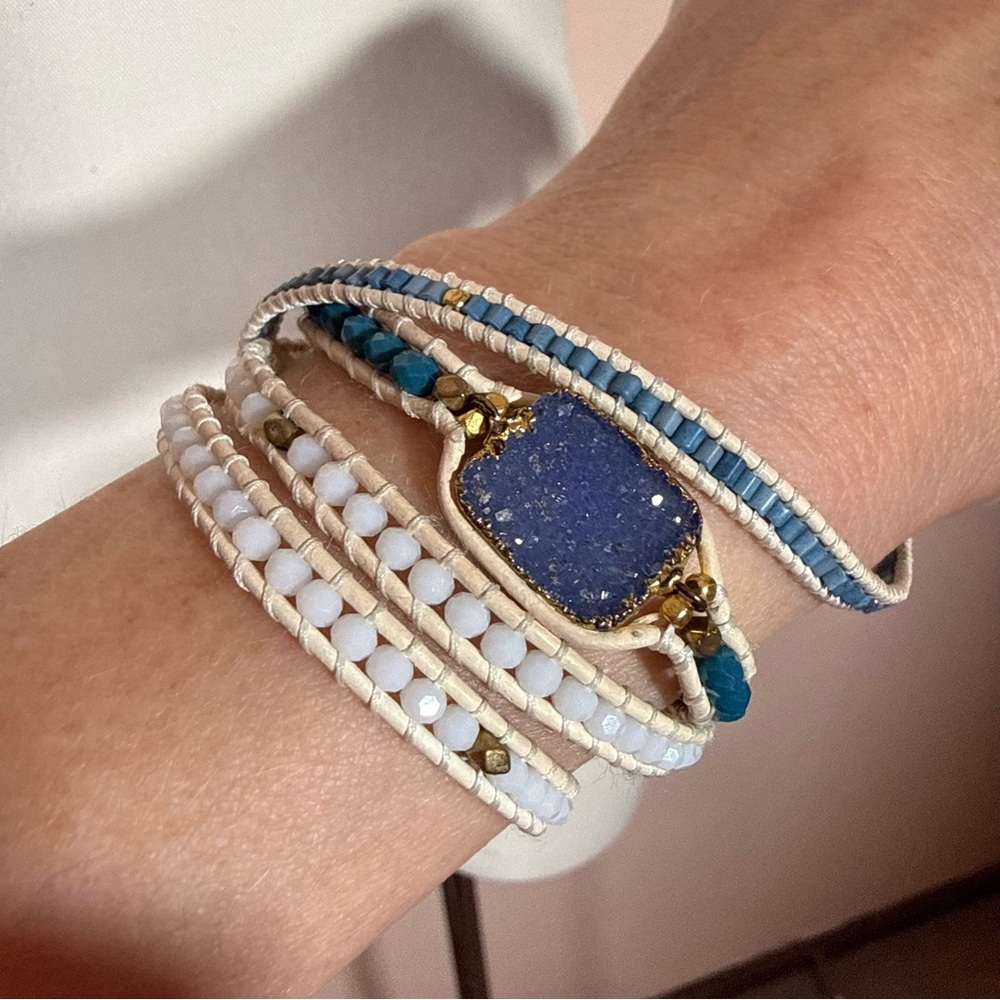 Nakamol blue white Raw gemstone boho Mediterranean long Wrap bracelet 35 inch